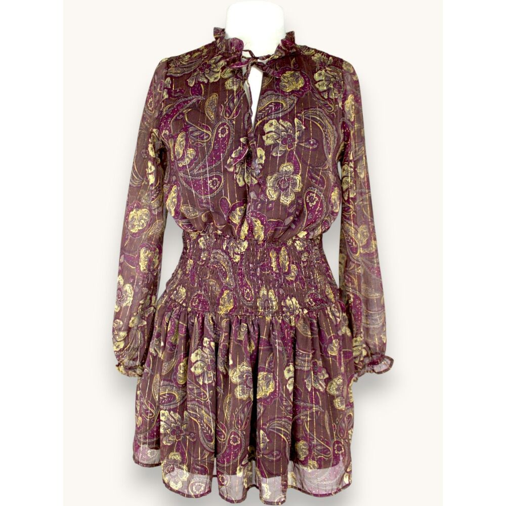 Jolie & Joy Sheer Boho Paisley Mini Dress Smocked Waist Burgundy Gold M - Picture 2 of 5